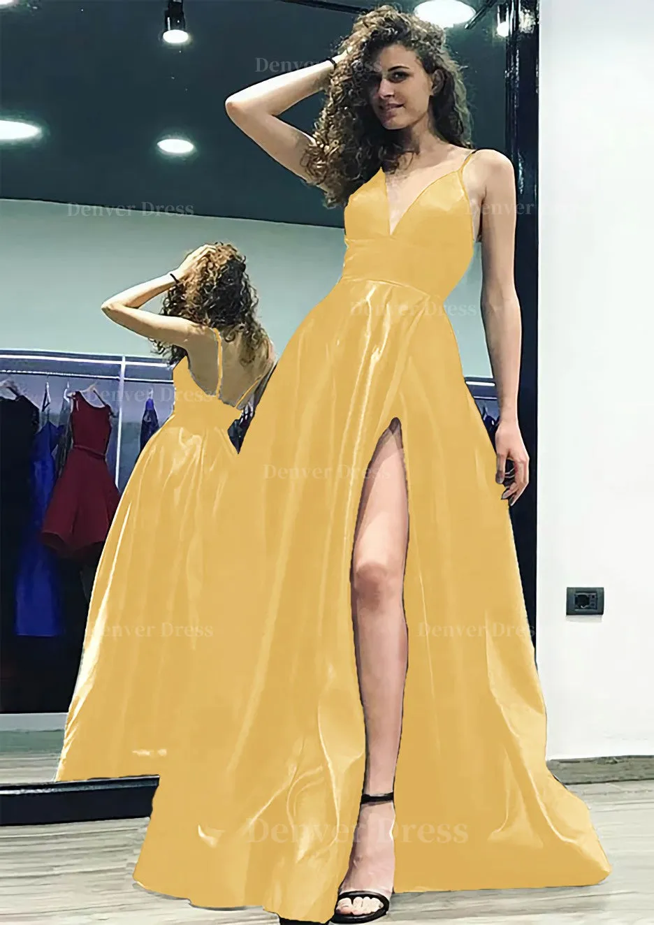 kamahe A-line/Princess V Neck Sleeveless Sweep Train Satin Prom Dress With Split