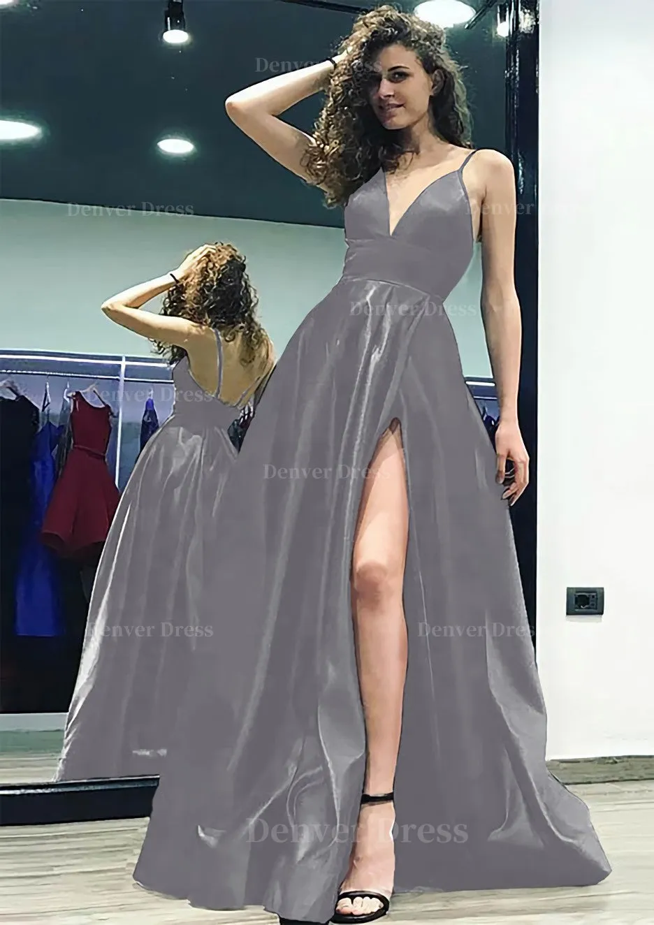 kamahe A-line/Princess V Neck Sleeveless Sweep Train Satin Prom Dress With Split