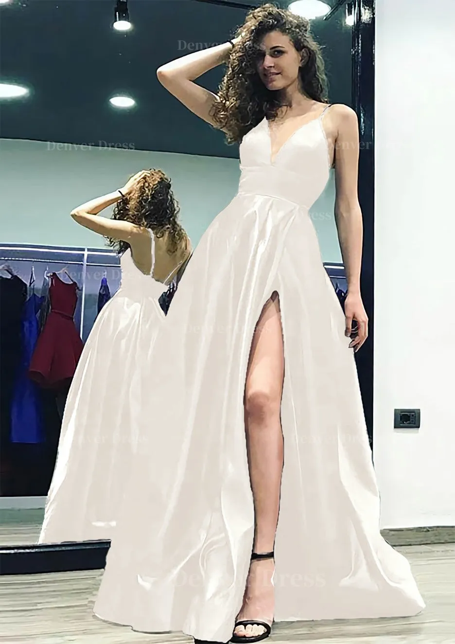 kamahe A-line/Princess V Neck Sleeveless Sweep Train Satin Prom Dress With Split