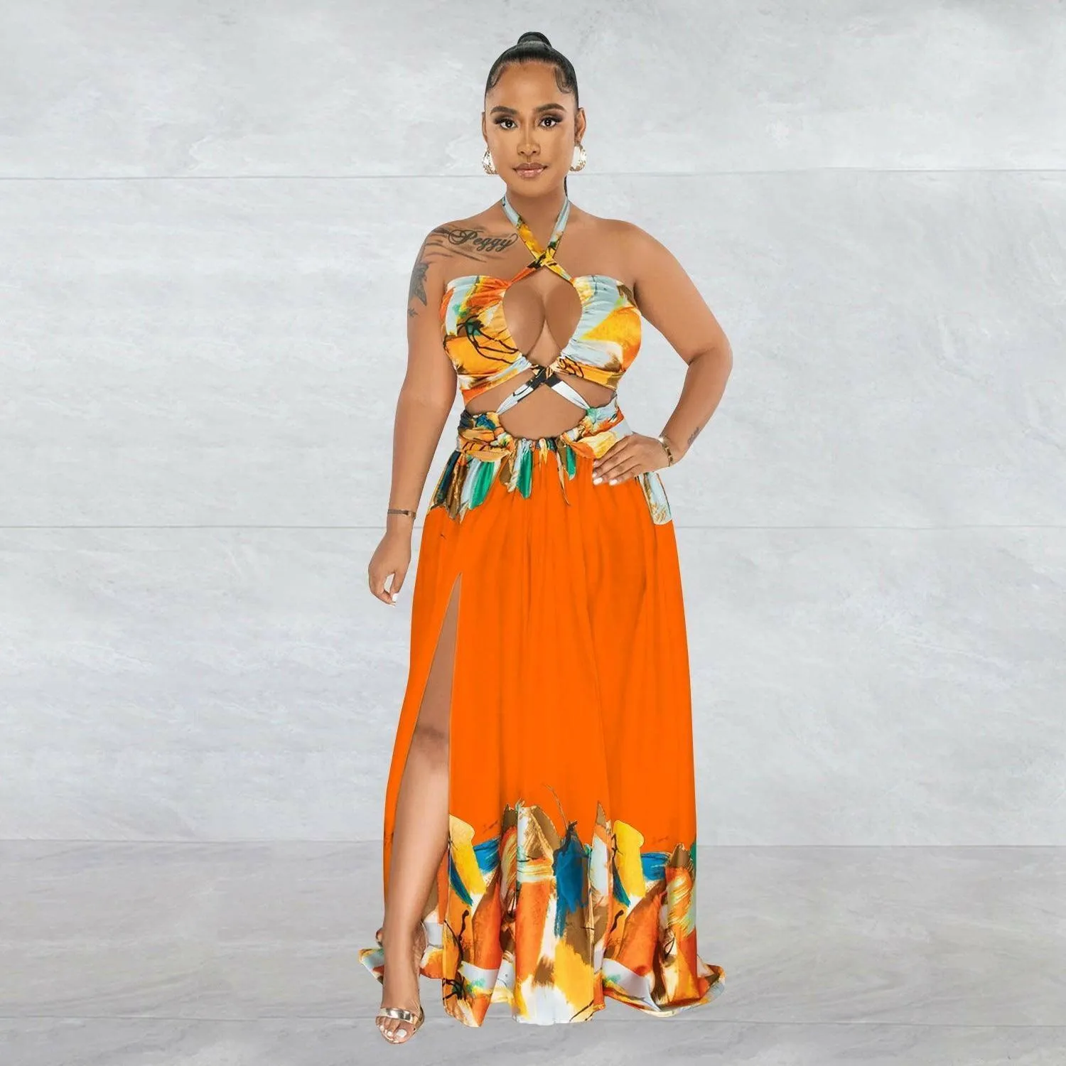 Lara Lace-up Sleeveless Breast Wrap Maxi Dress-Orange