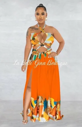 Lara Lace-up Sleeveless Breast Wrap Maxi Dress-Orange