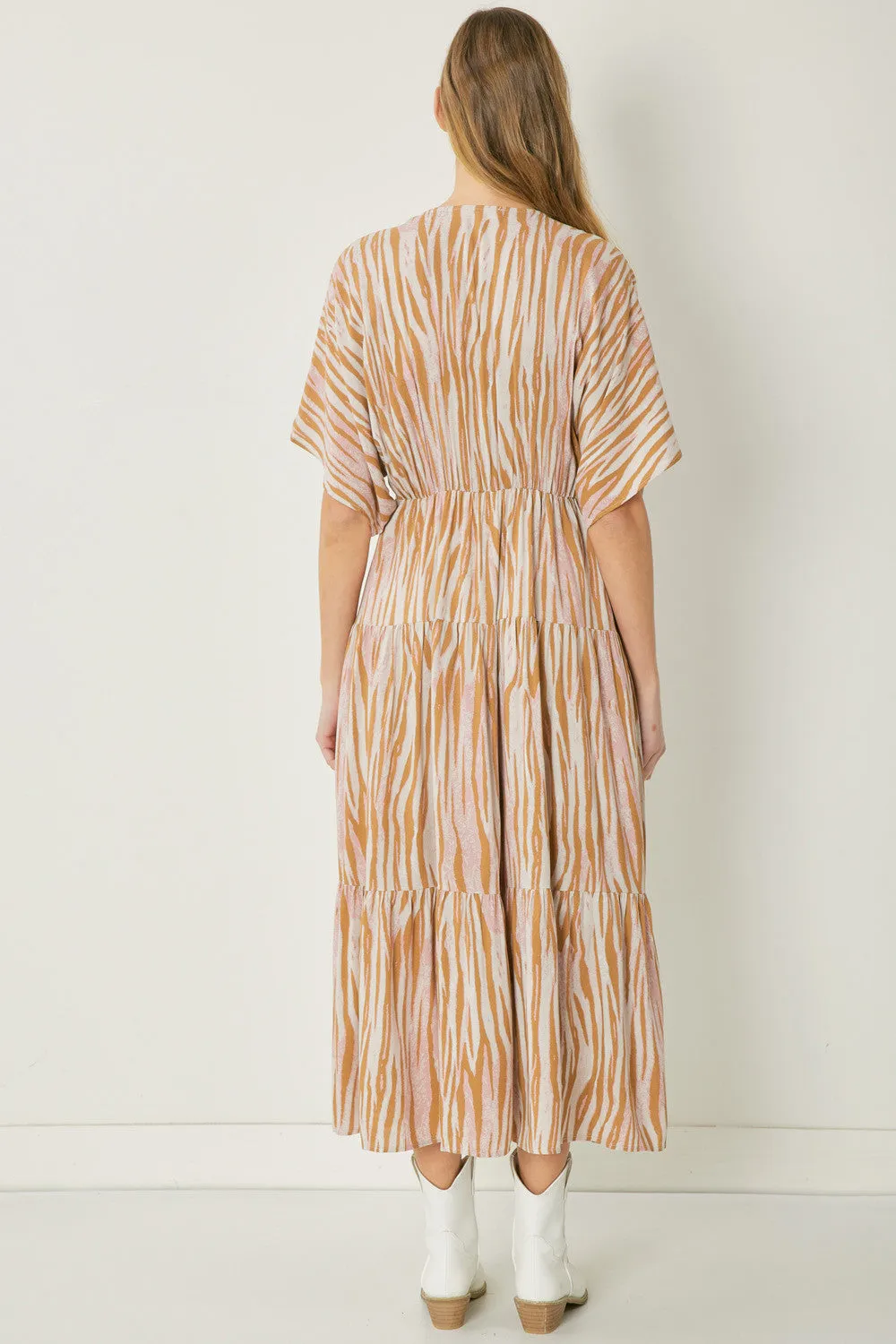 Lisa Zebra Print V-Neck Dress-Camel