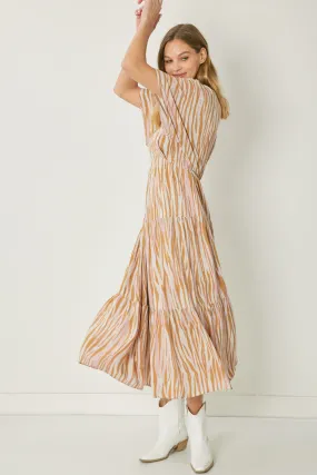 Lisa Zebra Print V-Neck Dress-Camel
