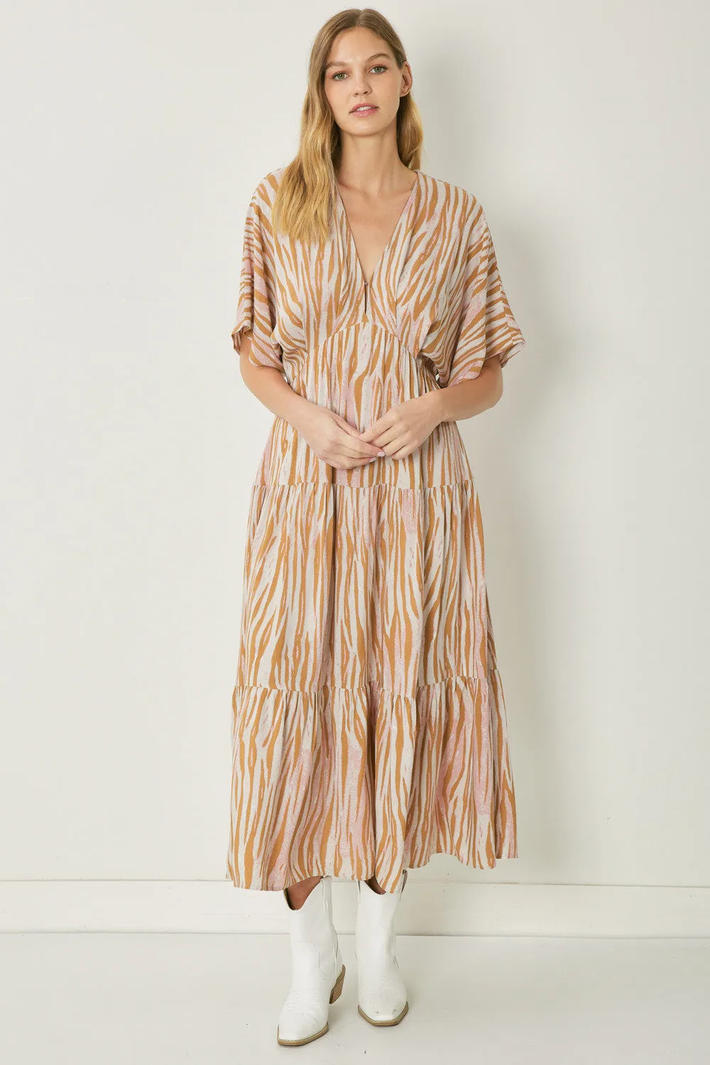 Lisa Zebra Print V-Neck Dress-Camel