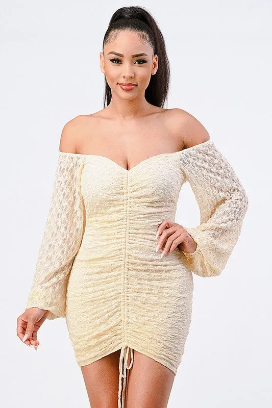 LUX FRONT SHIRRING OFF SHOULDER BODYCON DRESS