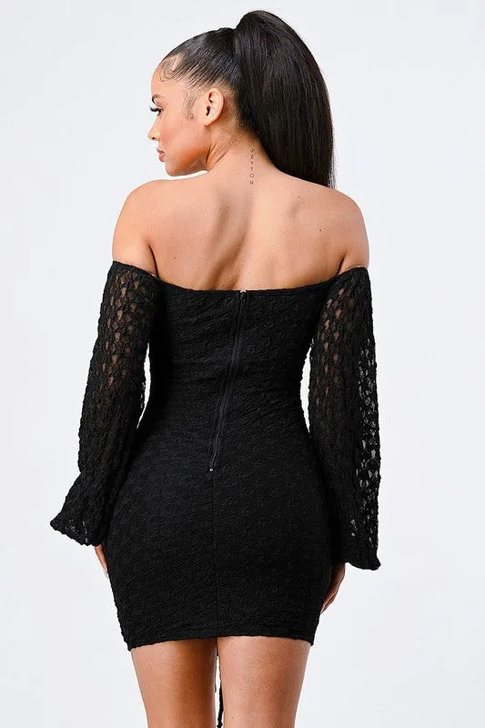 LUX FRONT SHIRRING OFF SHOULDER BODYCON DRESS