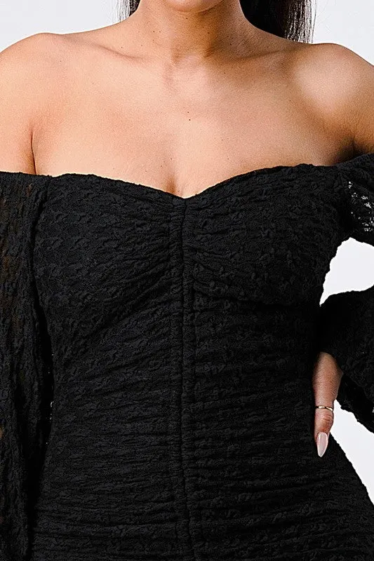 LUX FRONT SHIRRING OFF SHOULDER BODYCON DRESS