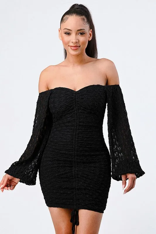 LUX FRONT SHIRRING OFF SHOULDER BODYCON DRESS