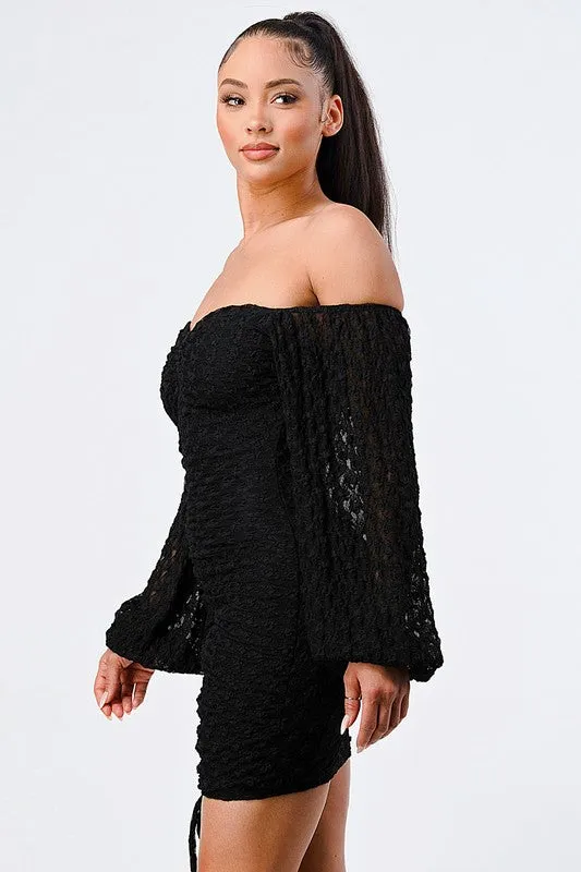 LUX FRONT SHIRRING OFF SHOULDER BODYCON DRESS