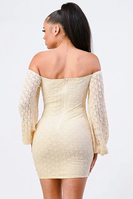 LUX FRONT SHIRRING OFF SHOULDER BODYCON DRESS