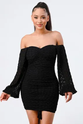 LUX FRONT SHIRRING OFF SHOULDER BODYCON DRESS