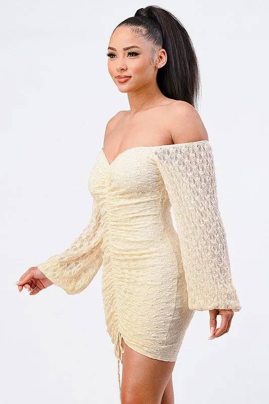 LUX FRONT SHIRRING OFF SHOULDER BODYCON DRESS