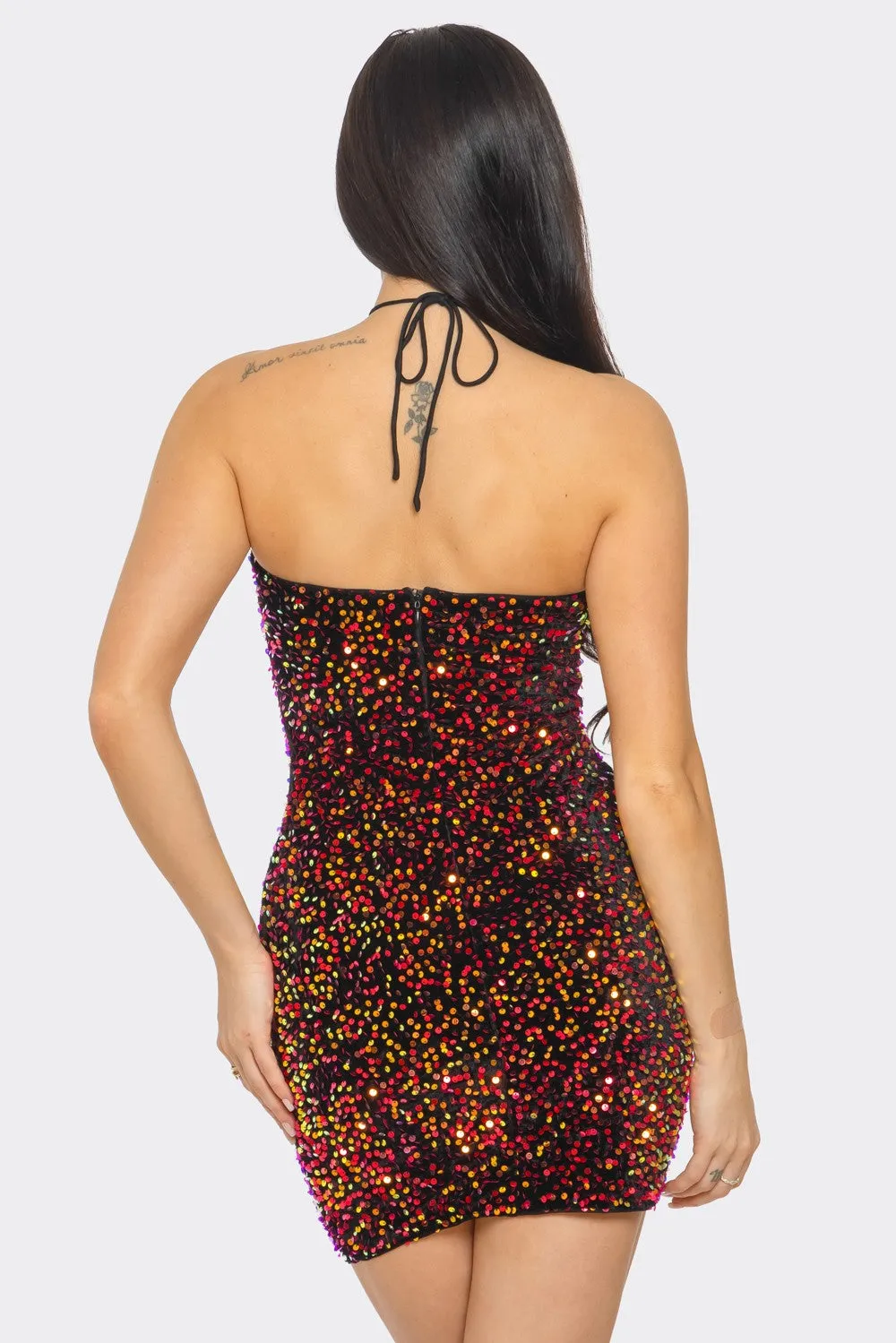 sequins on velvet bodycon halter dress