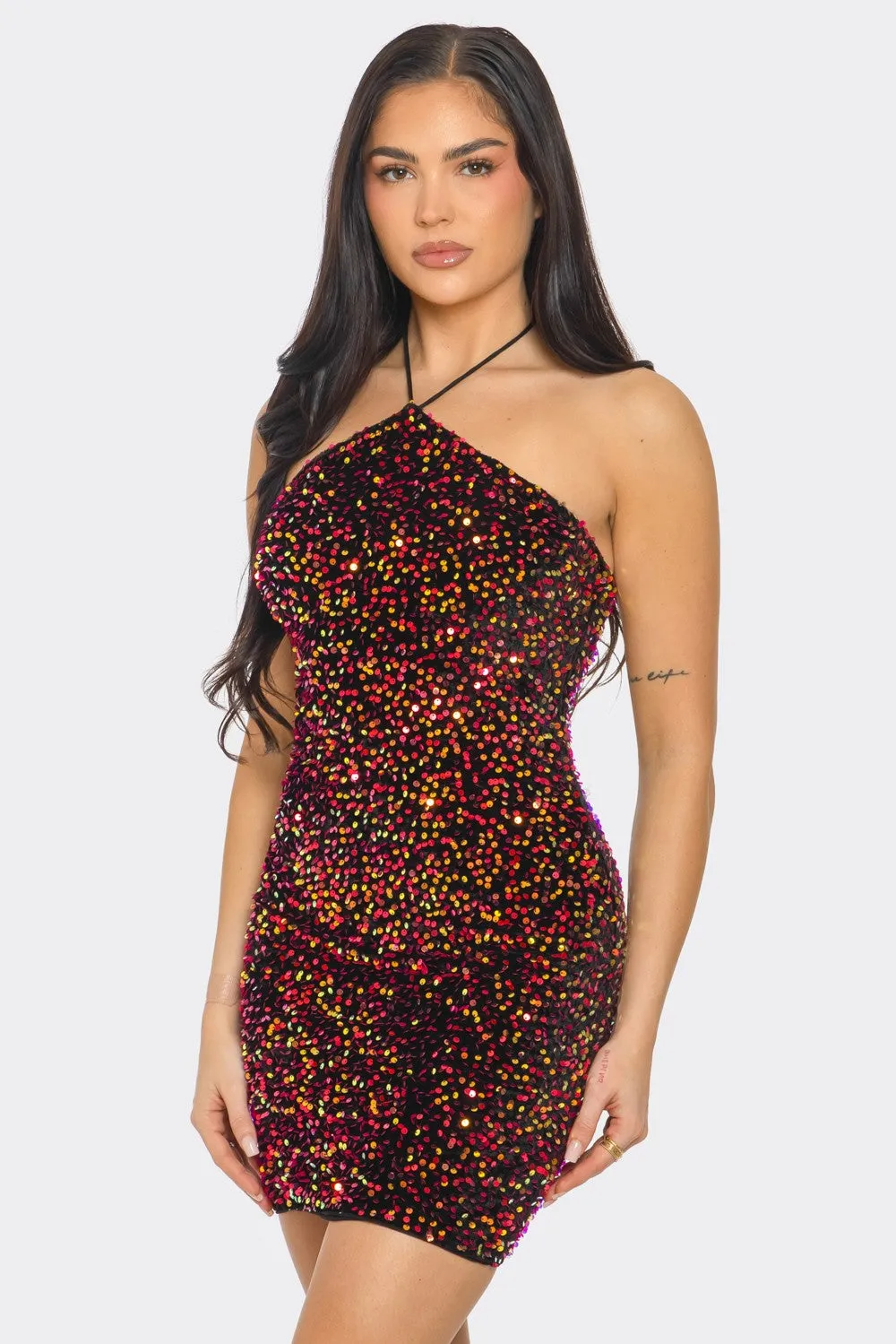 sequins on velvet bodycon halter dress