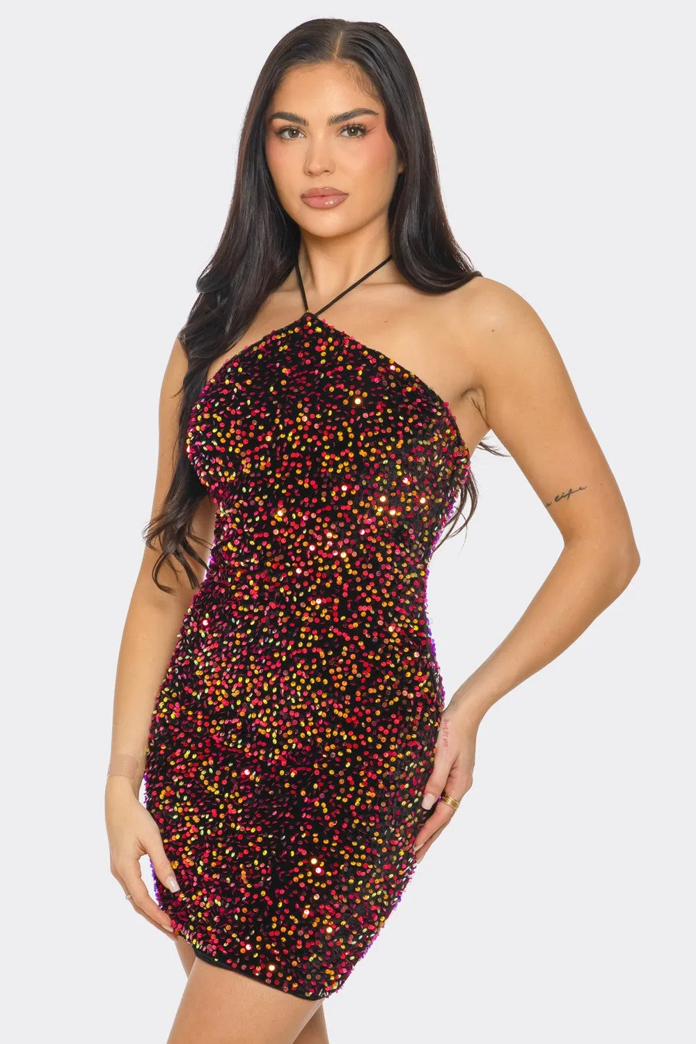 sequins on velvet bodycon halter dress