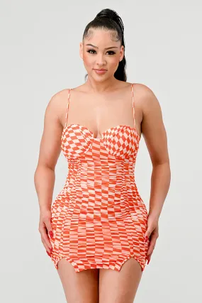 SEXY CHECKER MESH PRINT SWEETHEART MINI DRESS