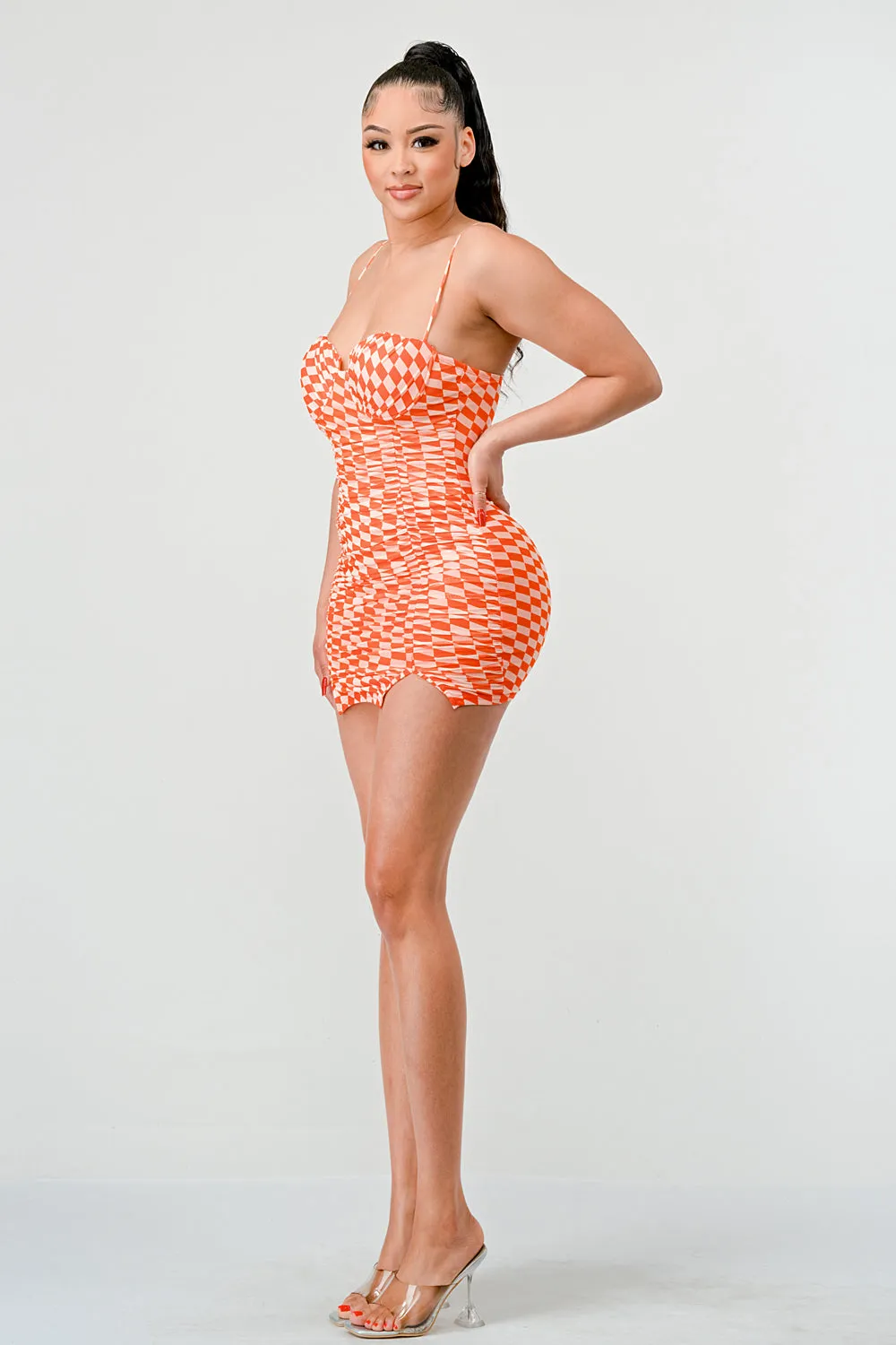 SEXY CHECKER MESH PRINT SWEETHEART MINI DRESS