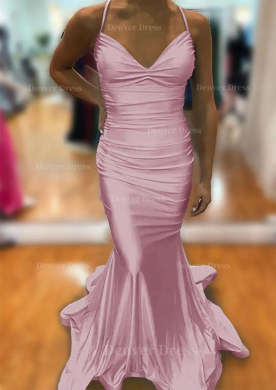 Trumpet/Mermaid V Neck Sleeveless Sweep Train Jersey Prom Dress With Pleated