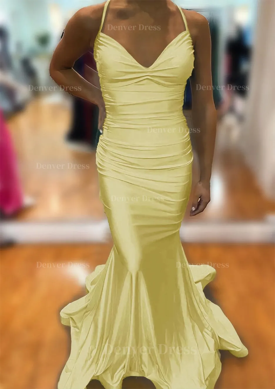 Trumpet/Mermaid V Neck Sleeveless Sweep Train Jersey Prom Dress With Pleated