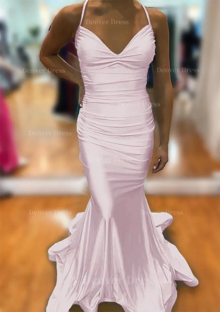 Trumpet/Mermaid V Neck Sleeveless Sweep Train Jersey Prom Dress With Pleated