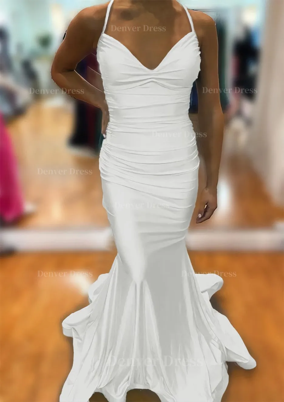 Trumpet/Mermaid V Neck Sleeveless Sweep Train Jersey Prom Dress With Pleated