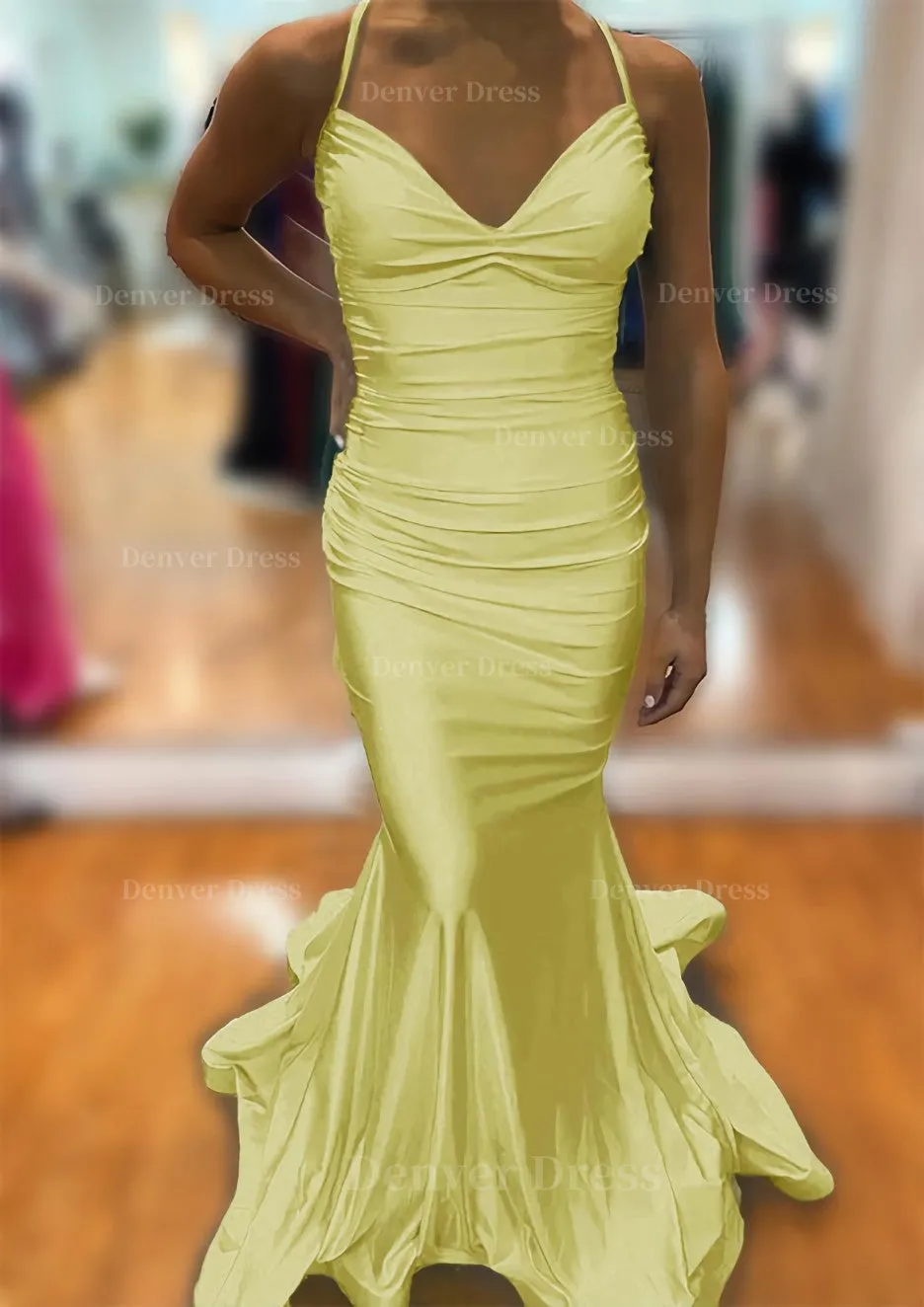 Trumpet/Mermaid V Neck Sleeveless Sweep Train Jersey Prom Dress With Pleated