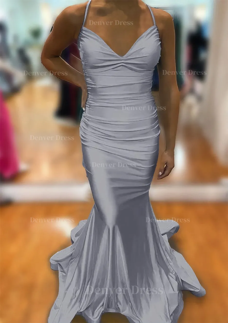Trumpet/Mermaid V Neck Sleeveless Sweep Train Jersey Prom Dress With Pleated
