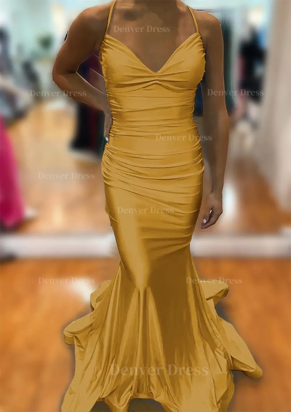 Trumpet/Mermaid V Neck Sleeveless Sweep Train Jersey Prom Dress With Pleated
