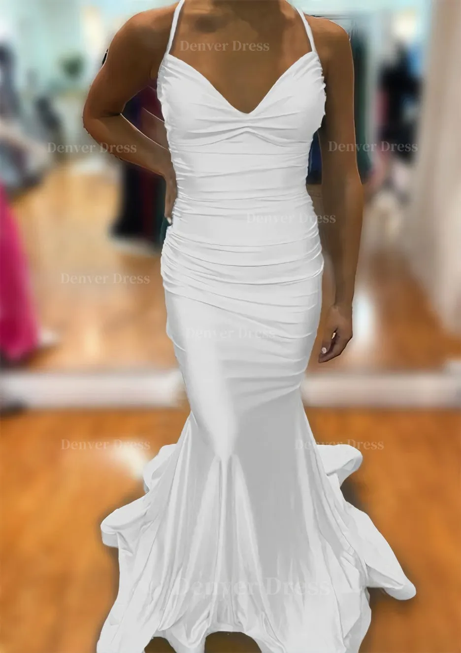 Trumpet/Mermaid V Neck Sleeveless Sweep Train Jersey Prom Dress With Pleated