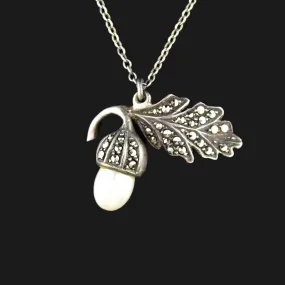 Vintage Silver Pearl Acorn Marcasite Leaf Pendant Necklace
