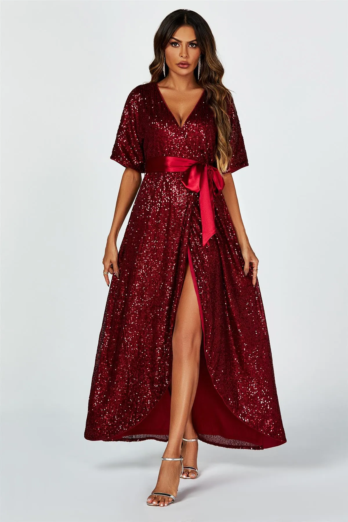 Wrap Style Sequin Maxi Dress In Wine