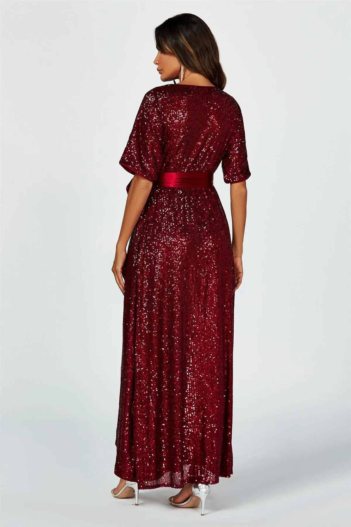 Wrap Style Sequin Maxi Dress In Wine